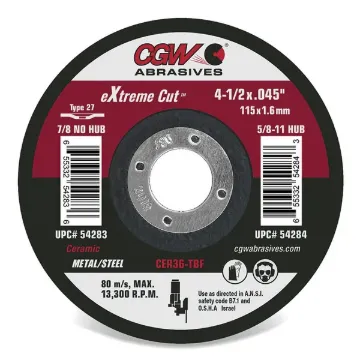 CUT OFF WHEEL, CERAMIC, 4-1/2" X .045 X 7/8", TYPE 27, 36 GRIT