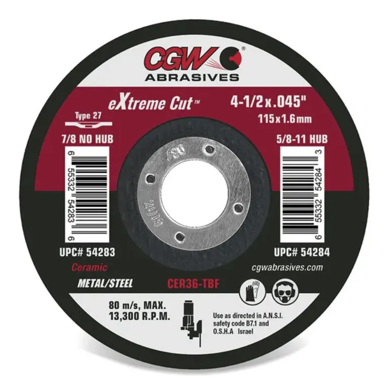 CUT OFF WHEEL, CERAMIC, 4-1/2" X .045 X 7/8", TYPE 27, 36 GRIT
