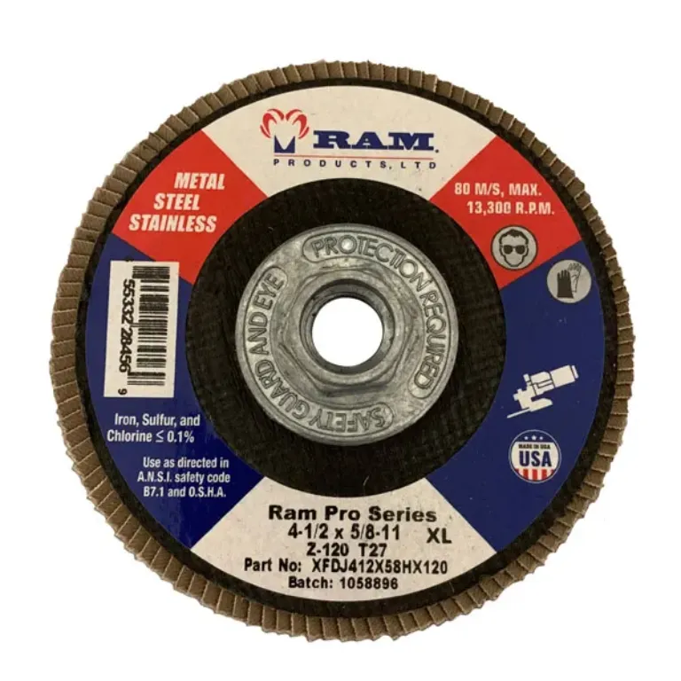 RAM PRO SERIES FLAP DISC - JUMBO W/HUB 4-1/2" D, 5/8"-11 ARB 120 GRIT